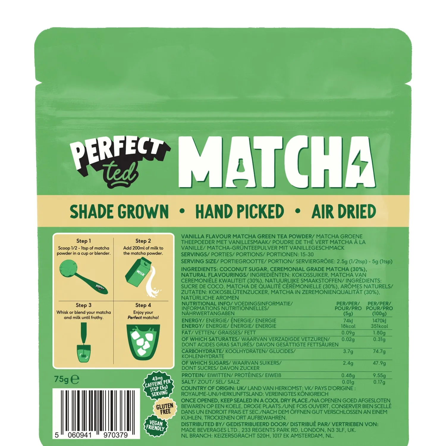 Perfect Ted Vanilla Matcha pulver 75g – vaniljsmak