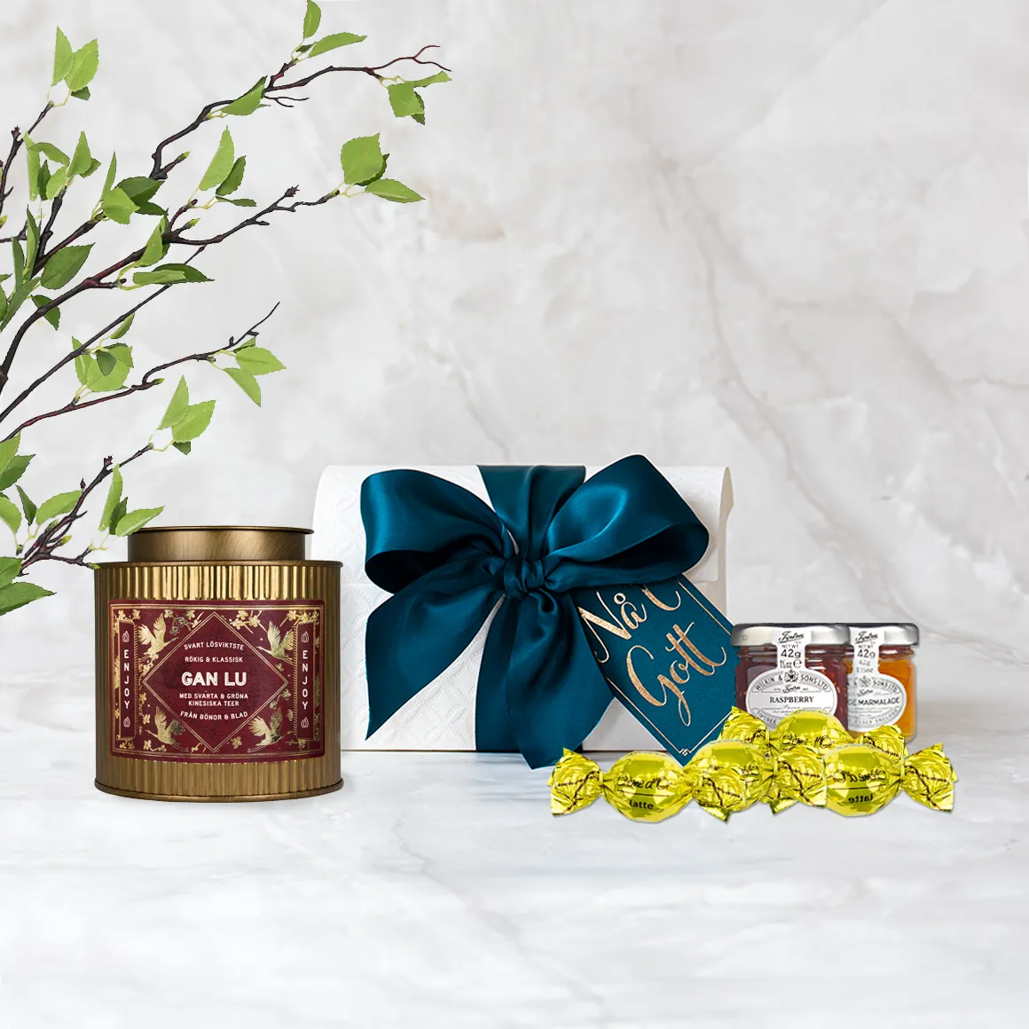 Bönor & Blad Tea Selection presentask te marmelad choklad