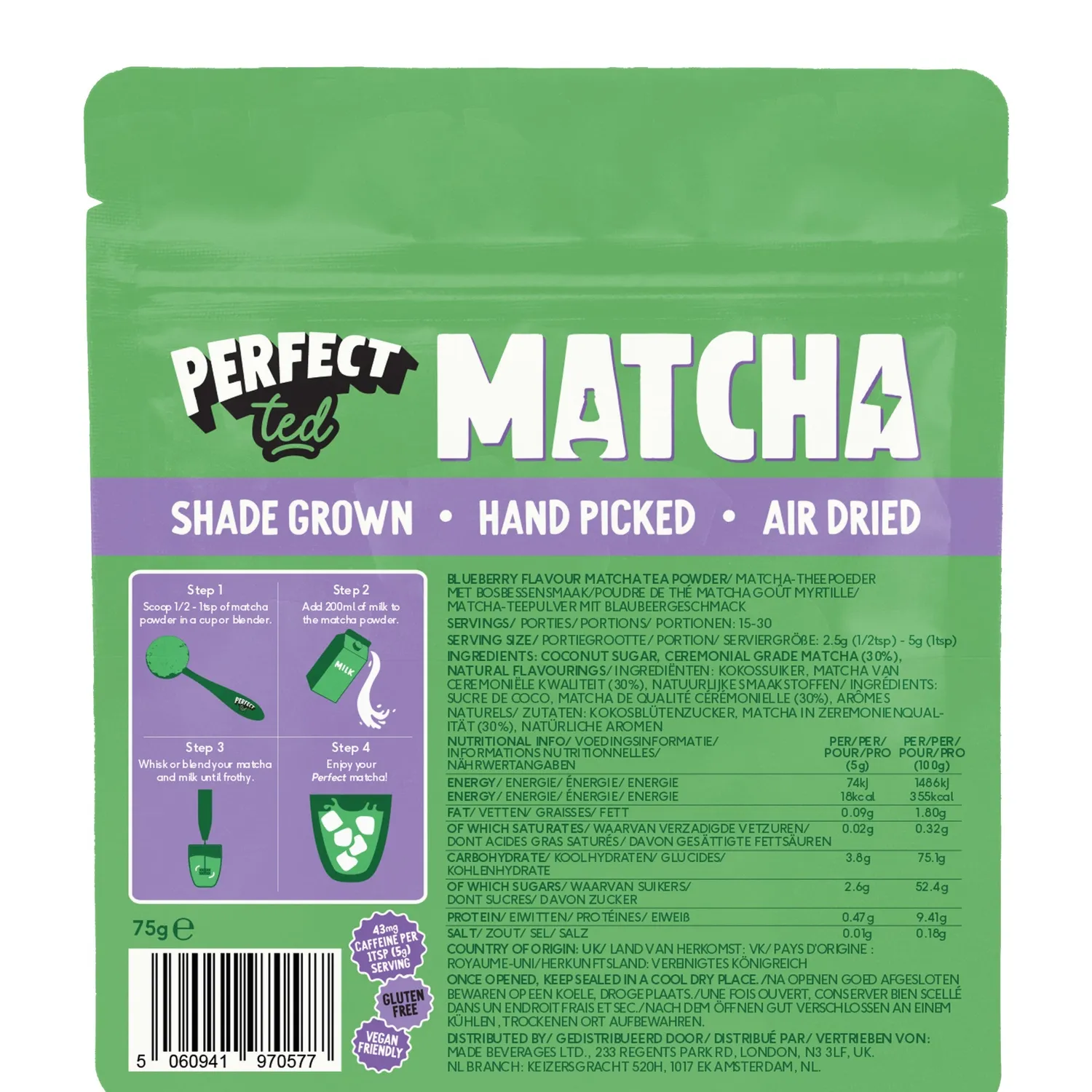 Perfect Ted Blueberry Matcha pulver 75g – bärsmak