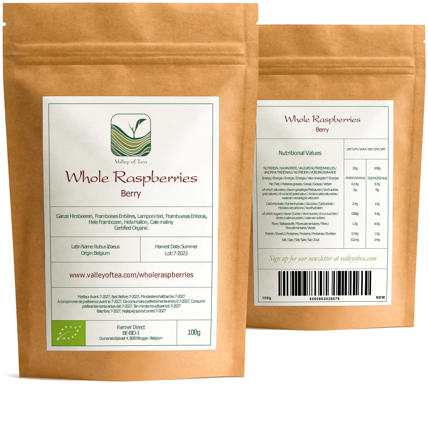 Valley of Tea Hela Hallon torkade ekologiska snacks