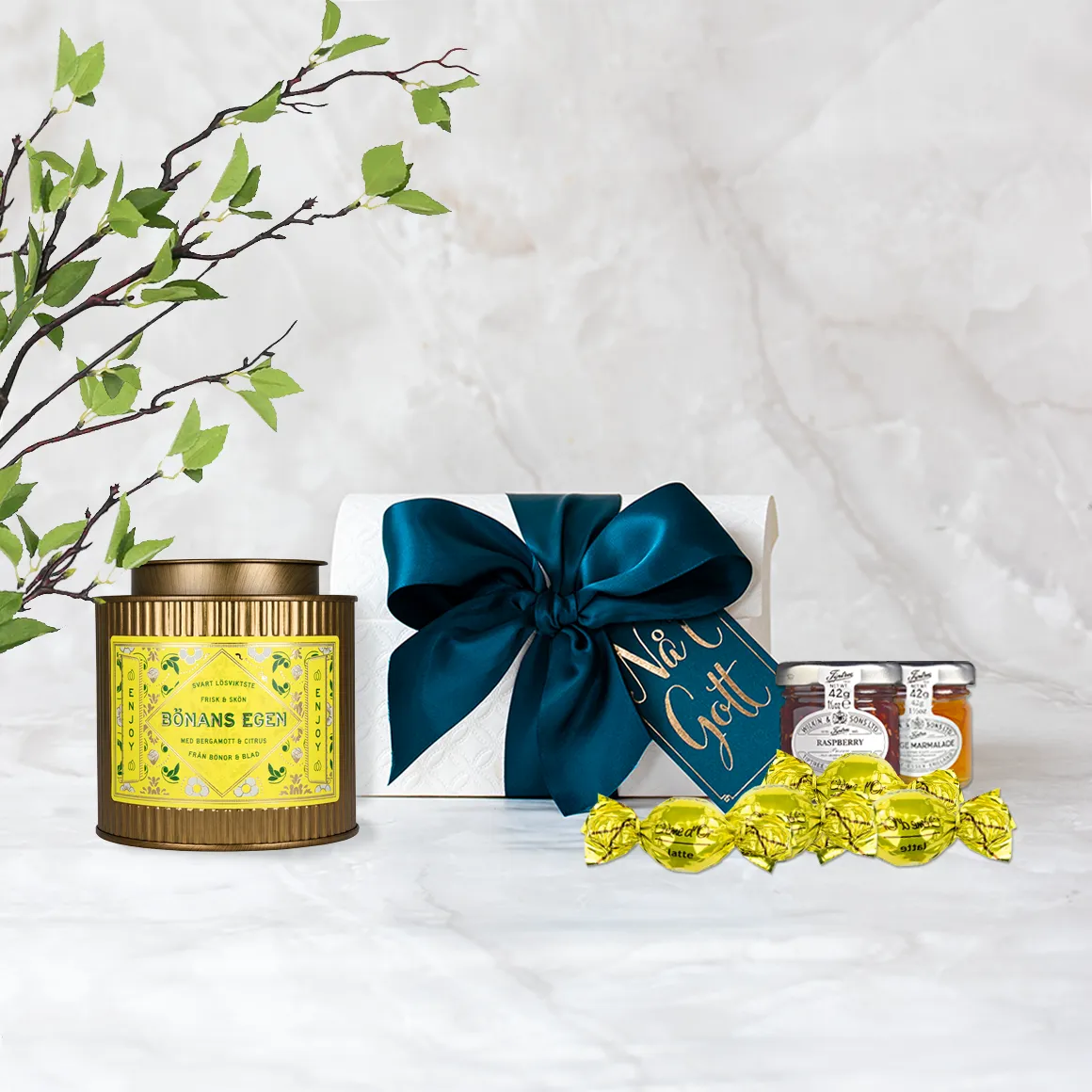 Bönor & Blad Tea Selection presentask te marmelad choklad
