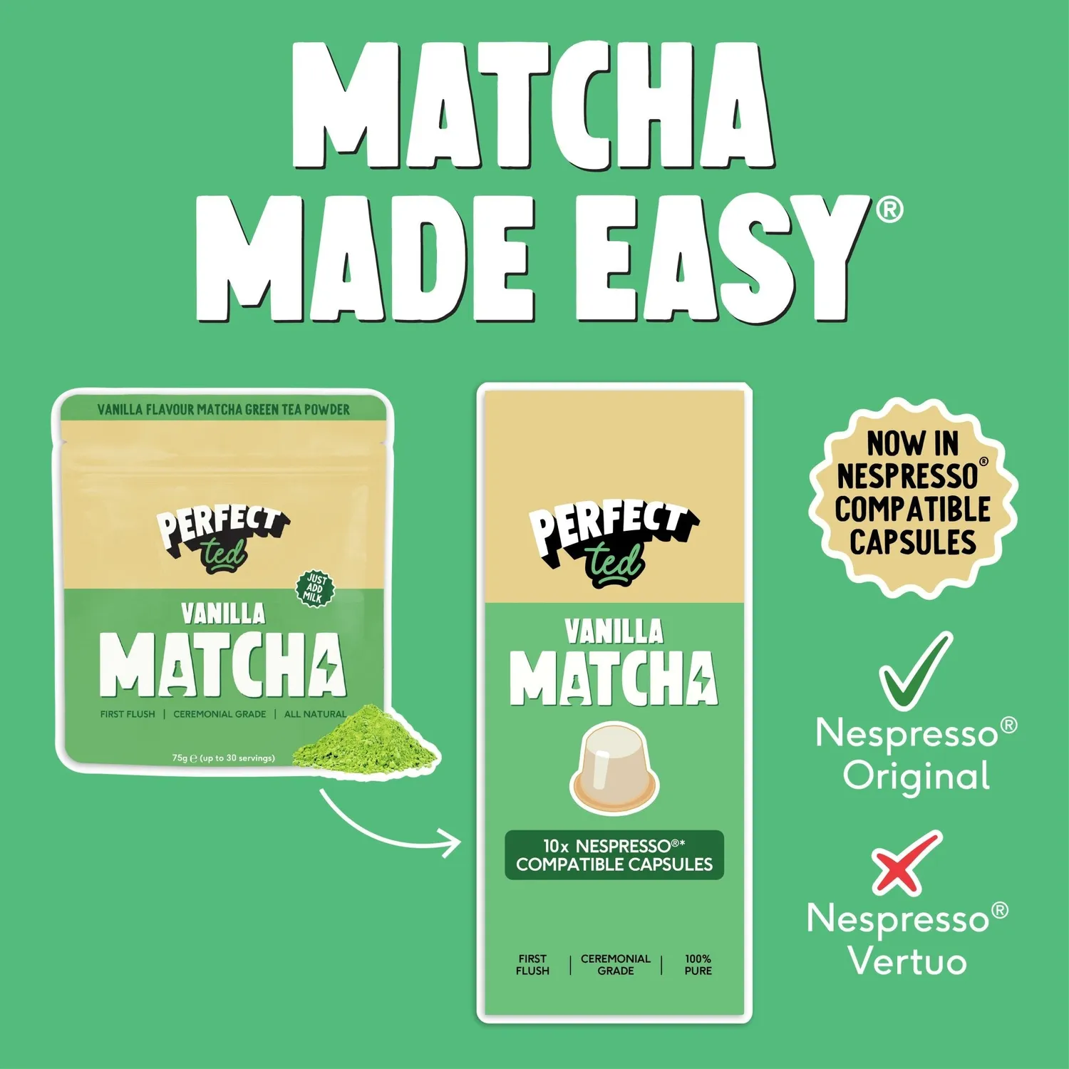 Perfect Ted Matcha Nespresso kapslar 30-pack mix vanilj
